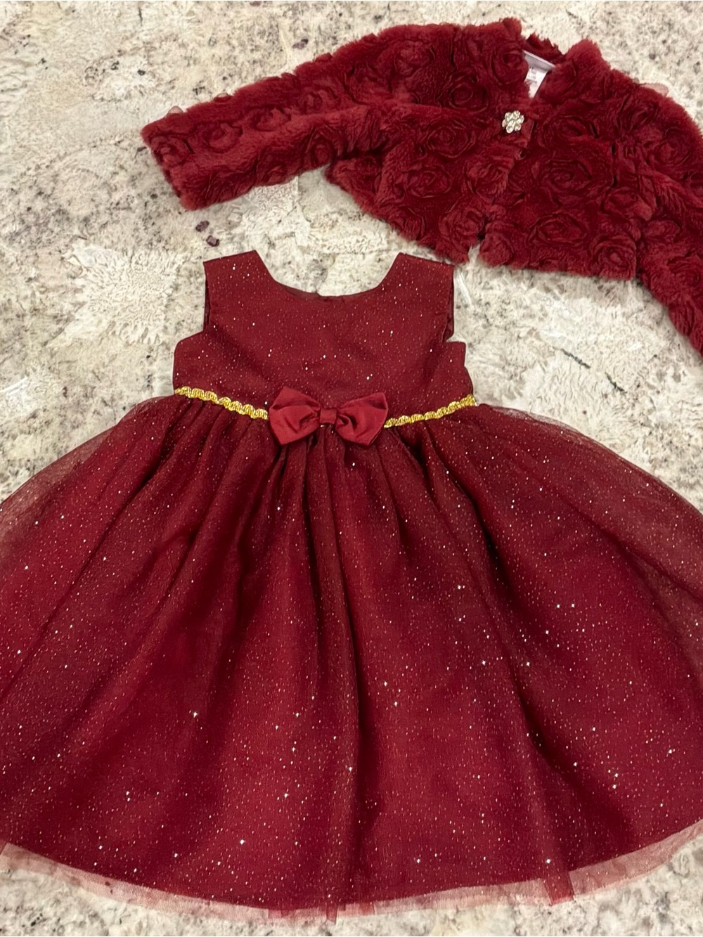 Blueberi Boulevard Burgundy Sparkle Tulle Dress with Gold-Trim Bow